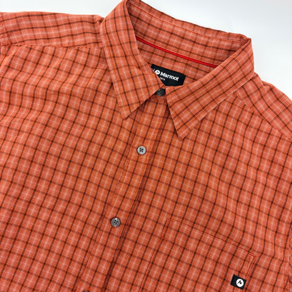 Marmot Button Down Men XL Orange Plaid Short Sleeve Hiking Outdoor Shirt